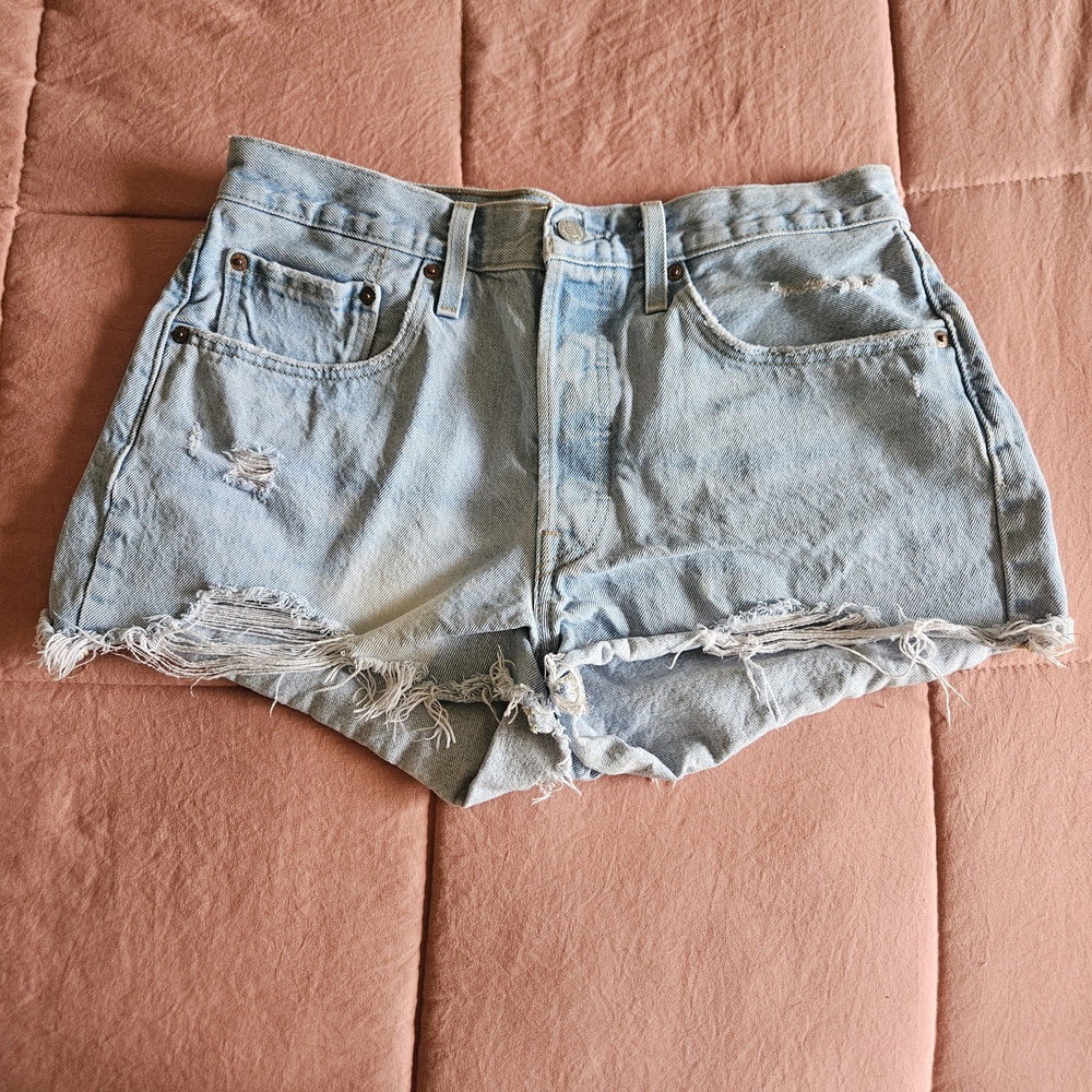Levi's 501 Button Fly Distressed Light Blue Denim Shorts